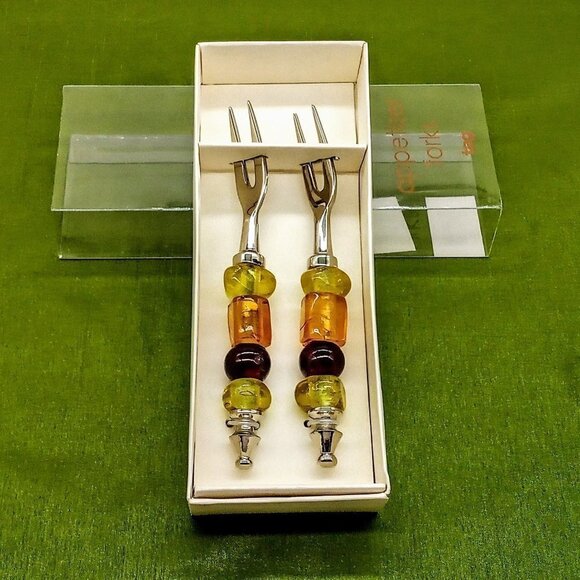 TAG Glass Bead Silver 2-Pc. Appetizer Fork Set NIB